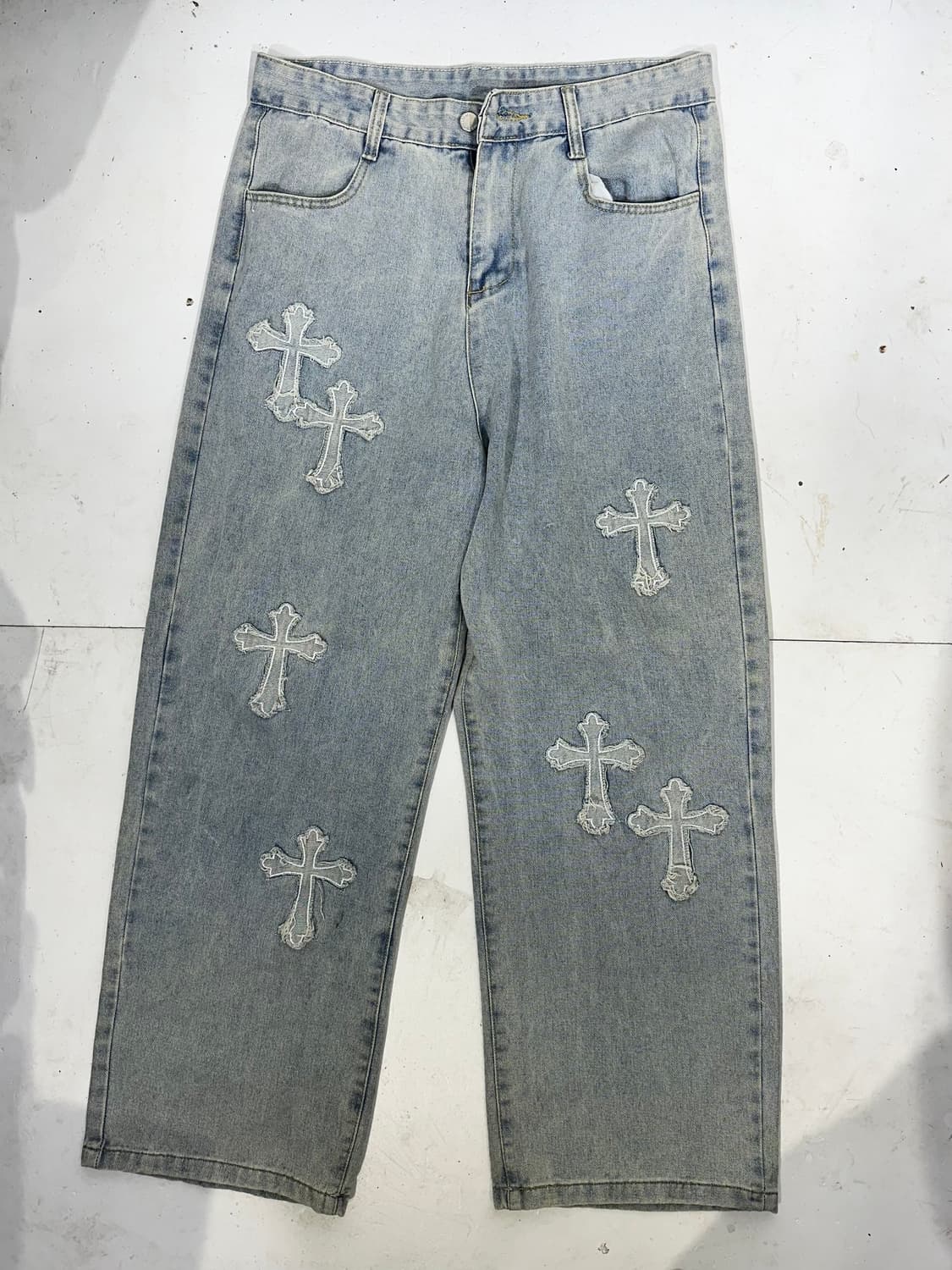 일본 빈티지 연청 십자가 자수 디테일 와이드 데님 팬츠 청바지 XL 상품이미지4