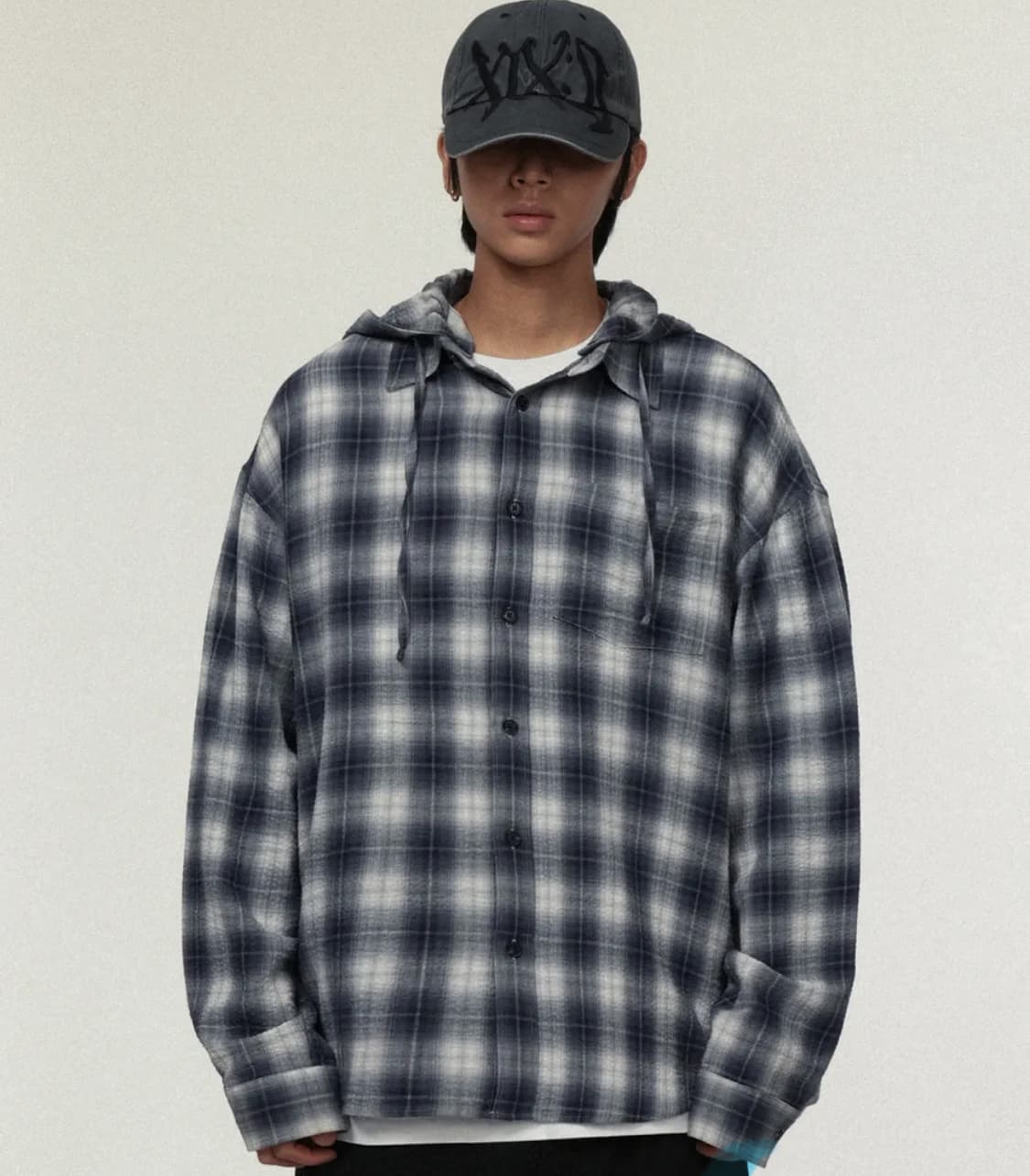 아이돈워너셀 Hooded Checkered Shirt Blue 상품이미지1