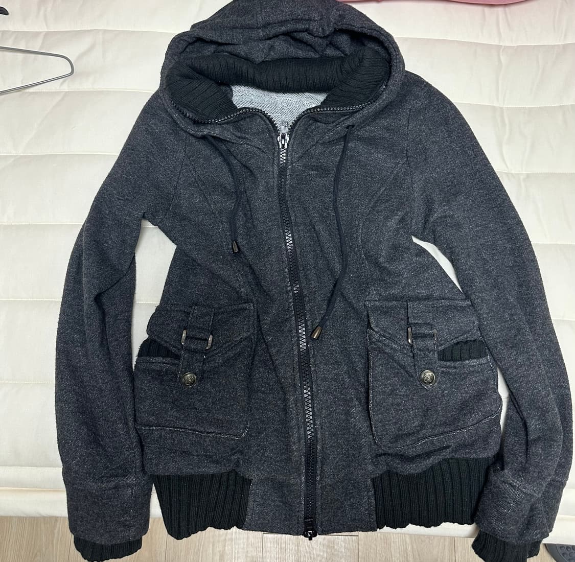 빈티지 차콜 블랙 투웨이 버클 카고 후드집업 y2k 펑크 아우터 자켓 상품이미지1