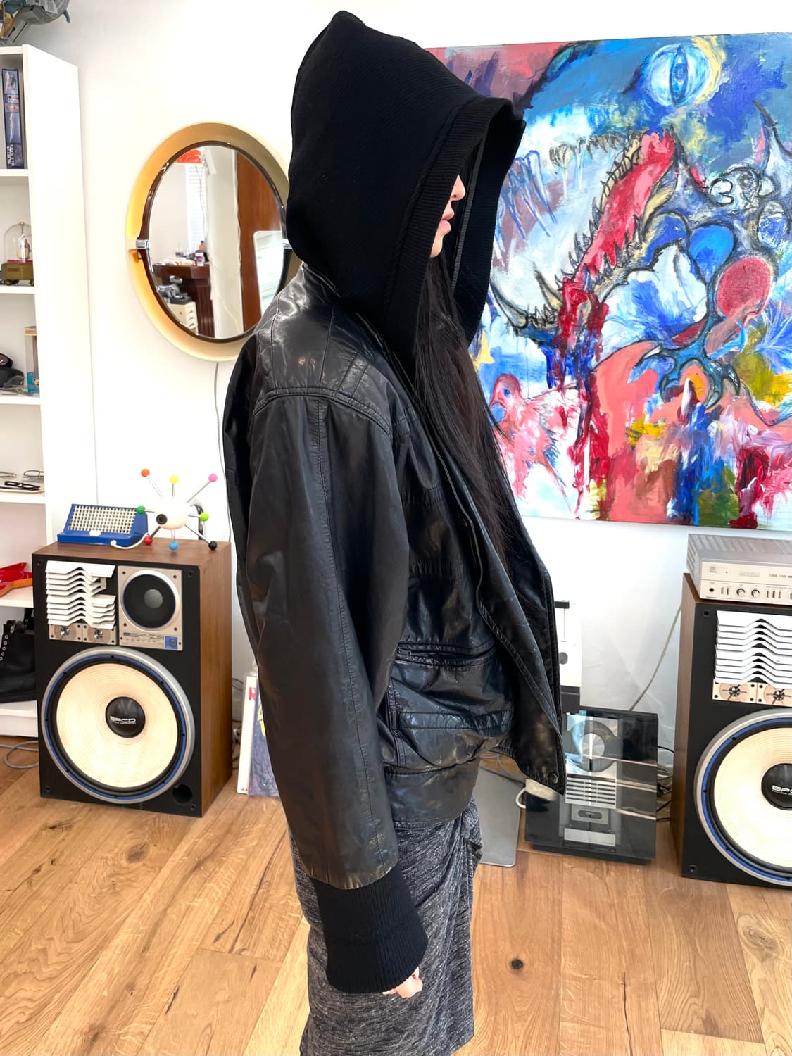 [M] 80s 레더 후드 자켓 상품이미지1