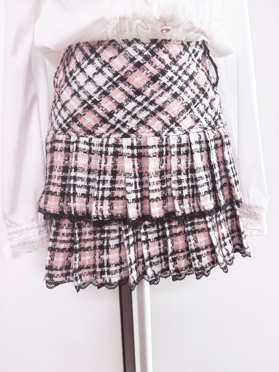Tralala 핑크체크 트위드 캉캉스커트 양산형 지뢰계 일브  상품이미지2
