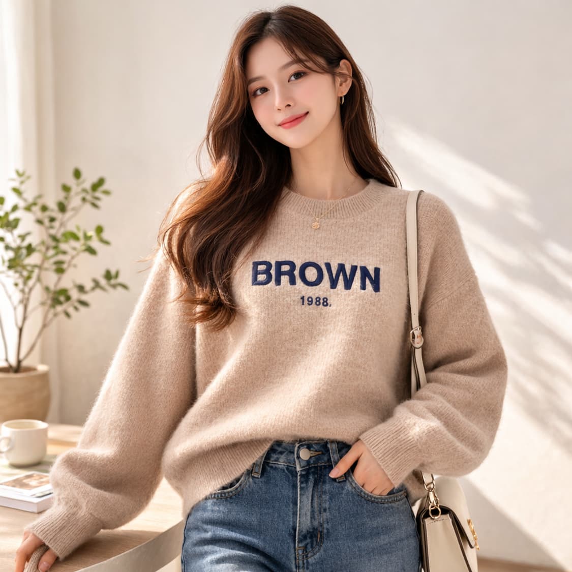 KUOSE 브라운 자수 오트밀 니트 상품이미지1