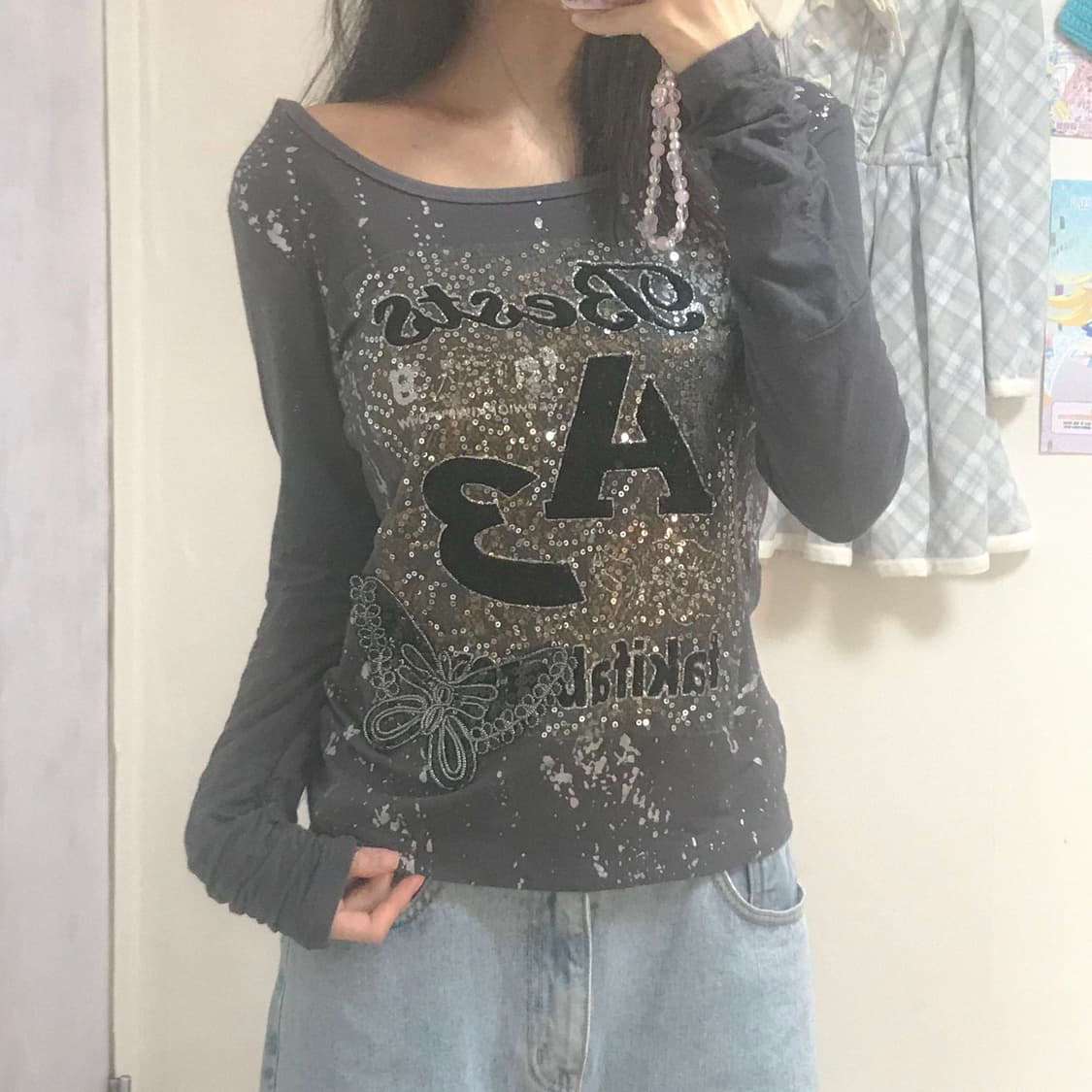 빈티지 나비 글리터 레터링 티셔츠 오네갸루 로걀 라떼 긱시크 오리엔탈 상품이미지1