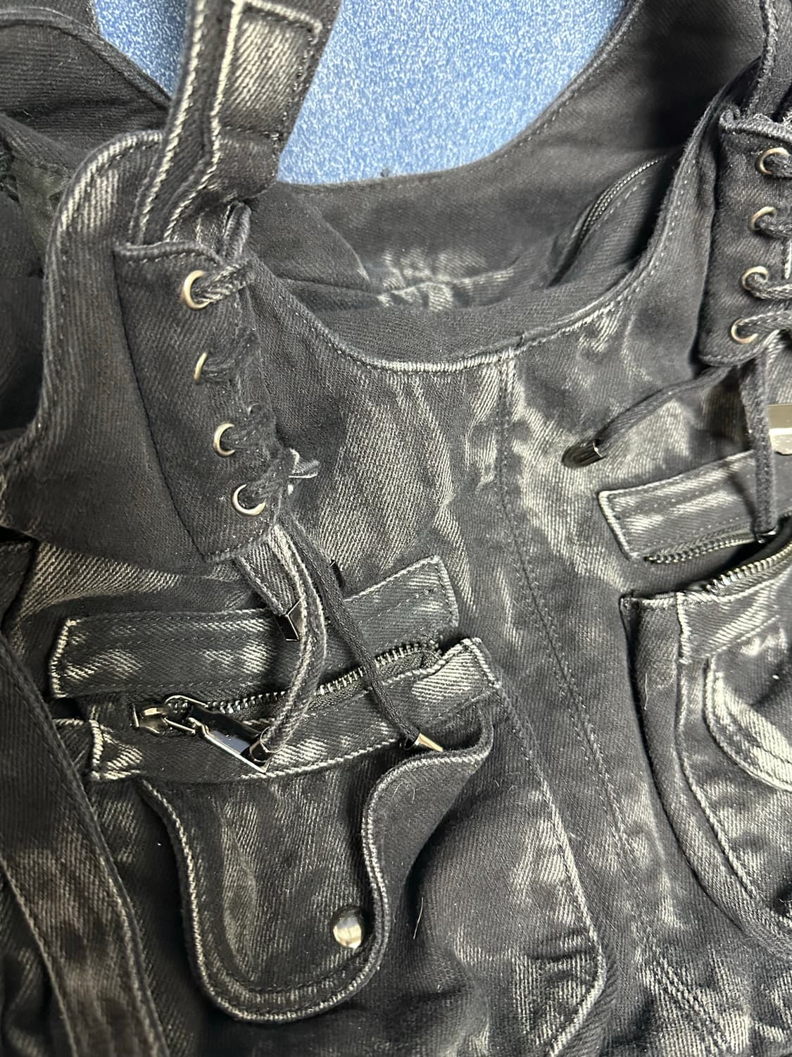 JPN 데님 워싱 토트백 레이스업 빈티지 고스 펑크 하라주쿠 Y2K 상품이미지2