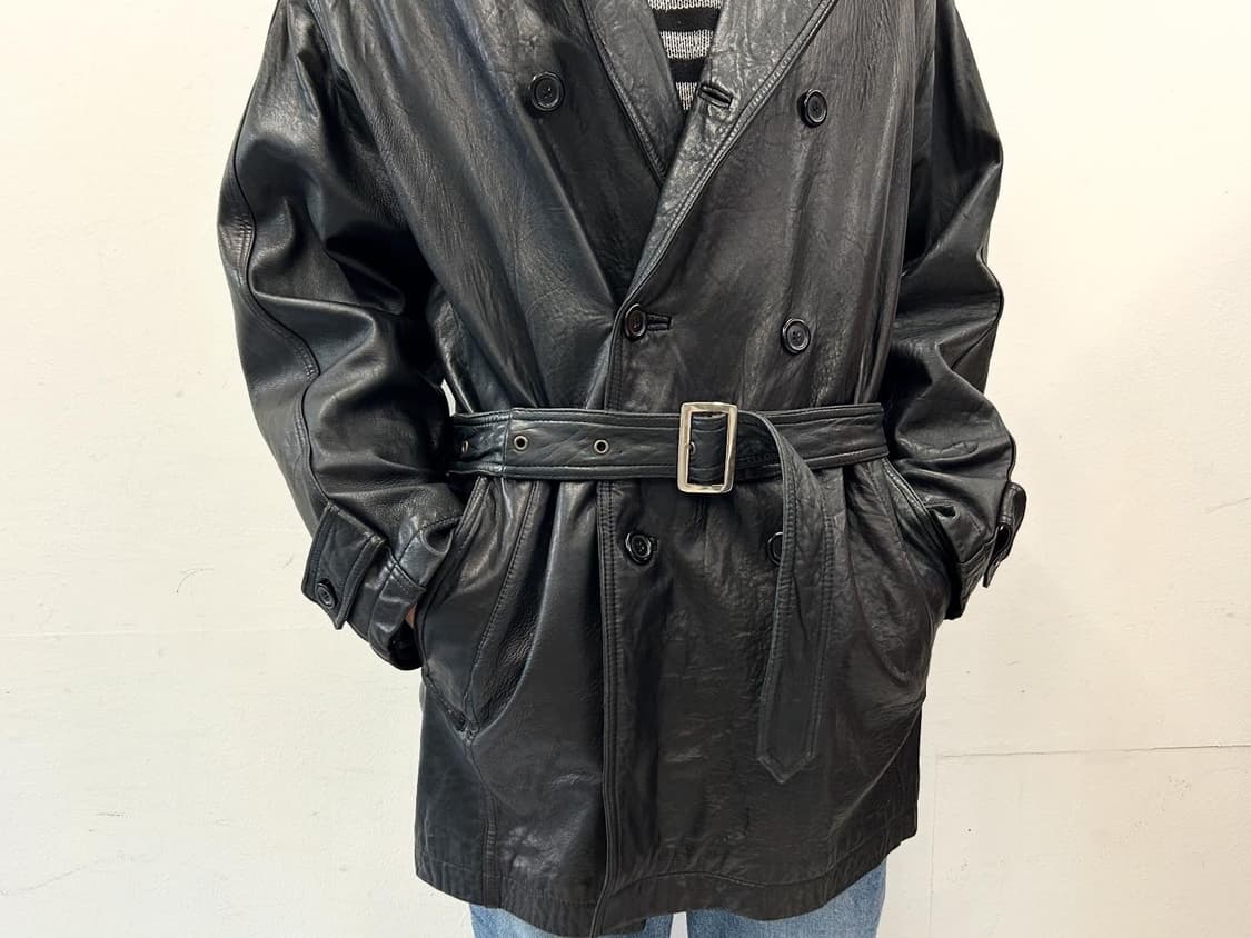 블랙 가죽 트렌치 코트 벨트 더블 버튼 상품이미지3