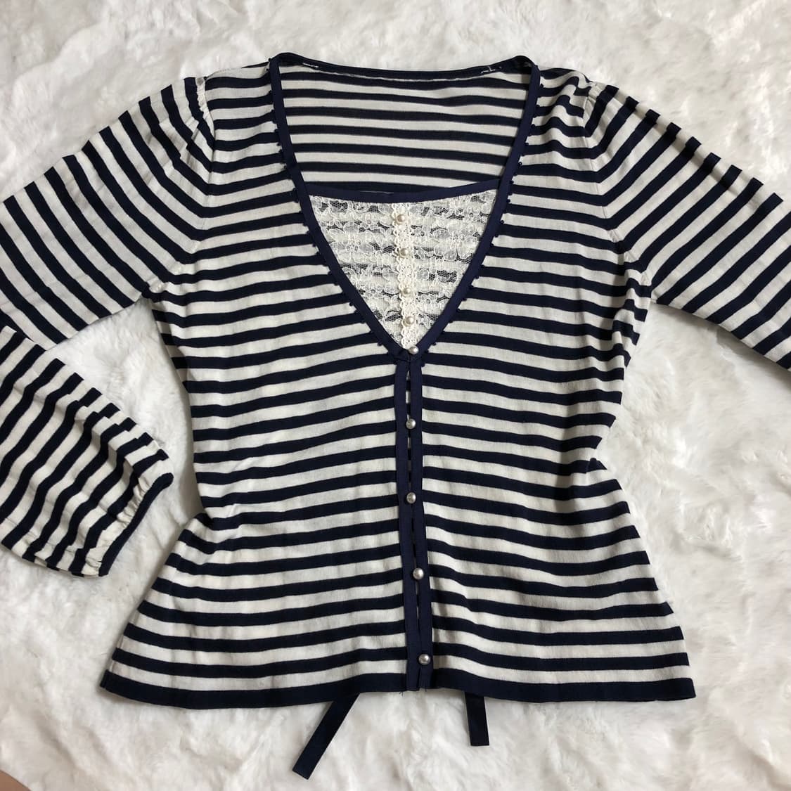 스트라이프 레이스 로걀탑 빈티지 공겜여주 고딕 무채색 로맨틱 갸루 상품이미지3