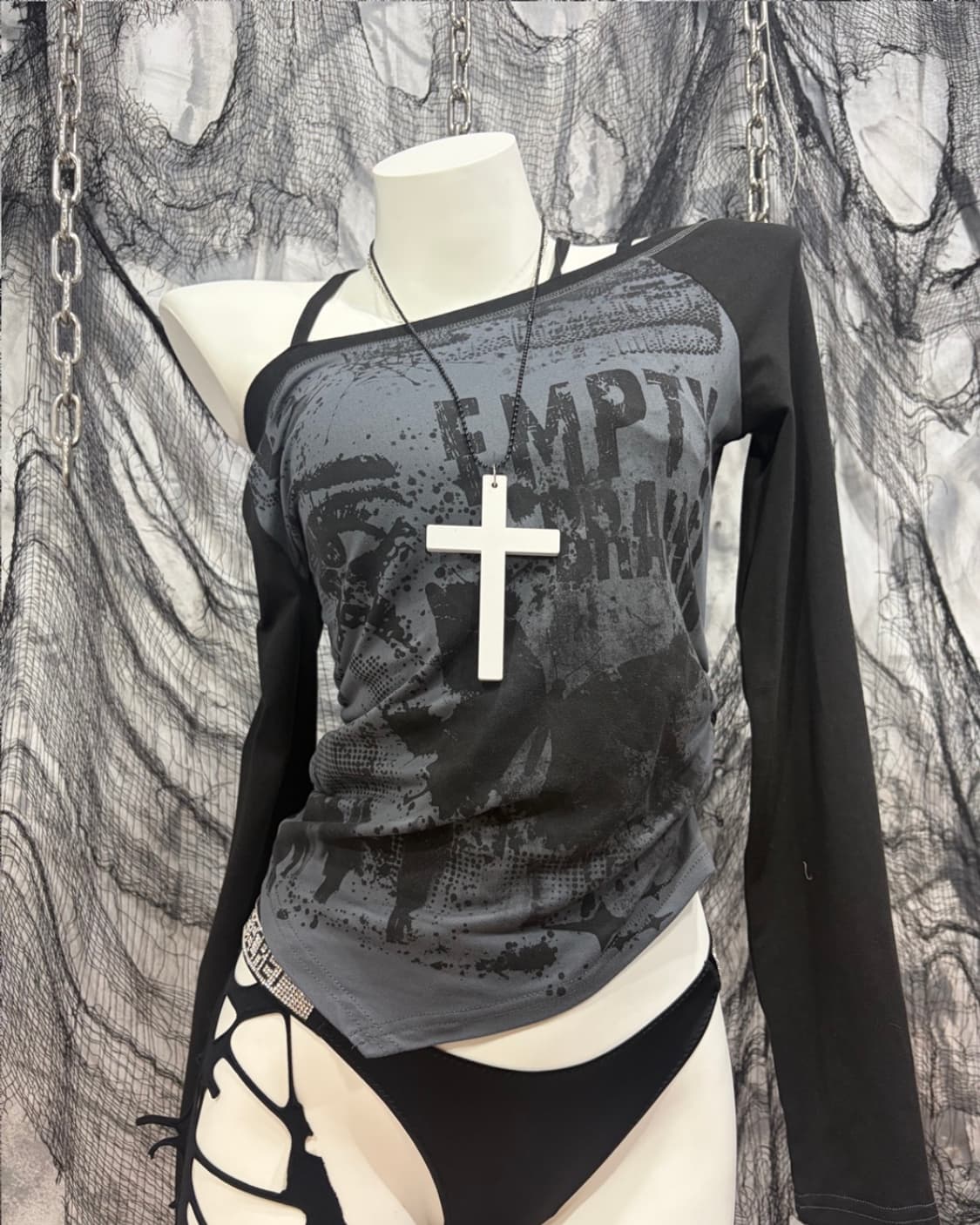 Y2K off-shoulder shirring long sleeve 상품이미지5
