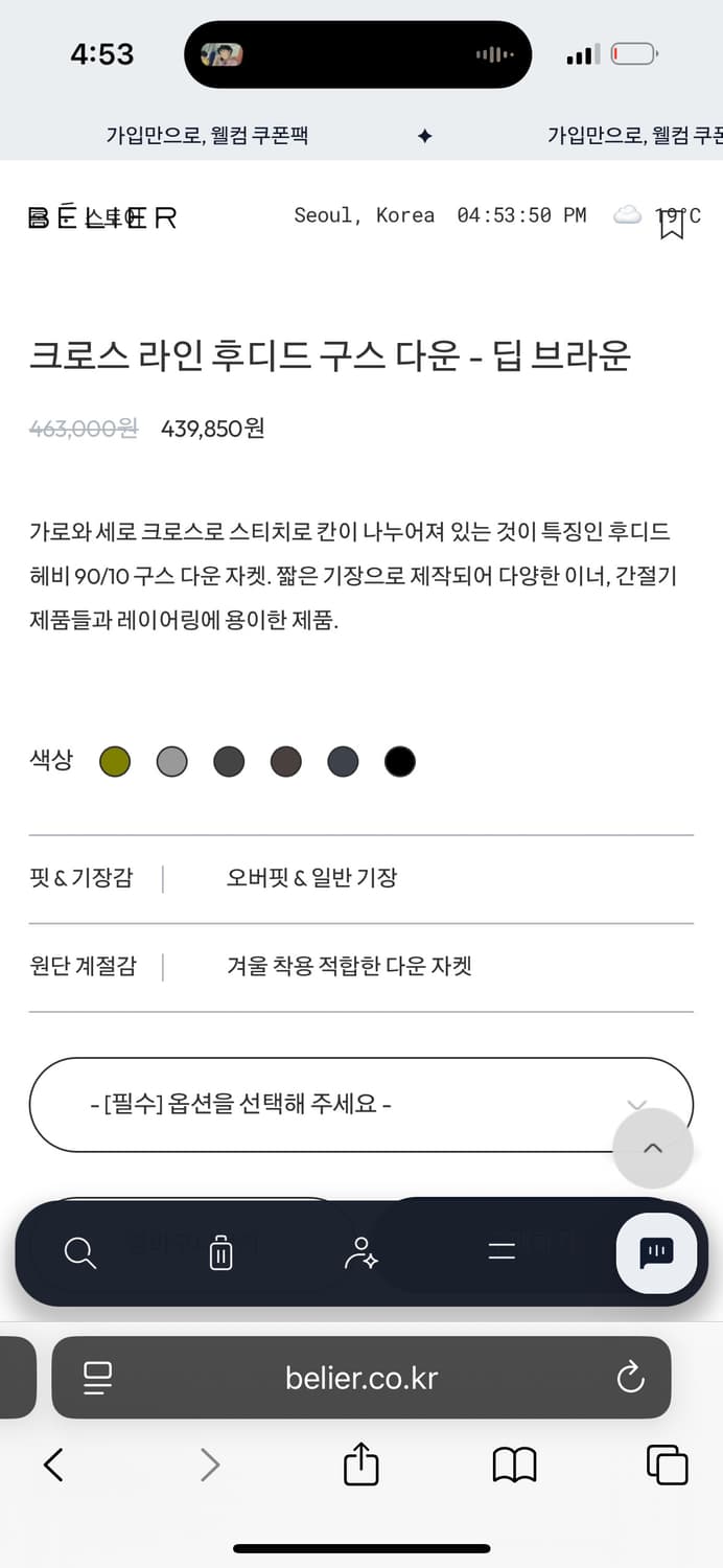 벨리에 크로스 라인 후디드 구스 다운 (딥 브라운) 상품이미지2
