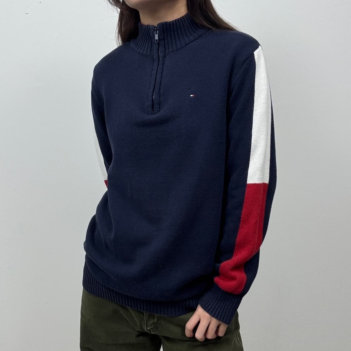 [S] Tommy 타미힐피거 우먼즈 네이비 반집업 코튼 니트 상품이미지3