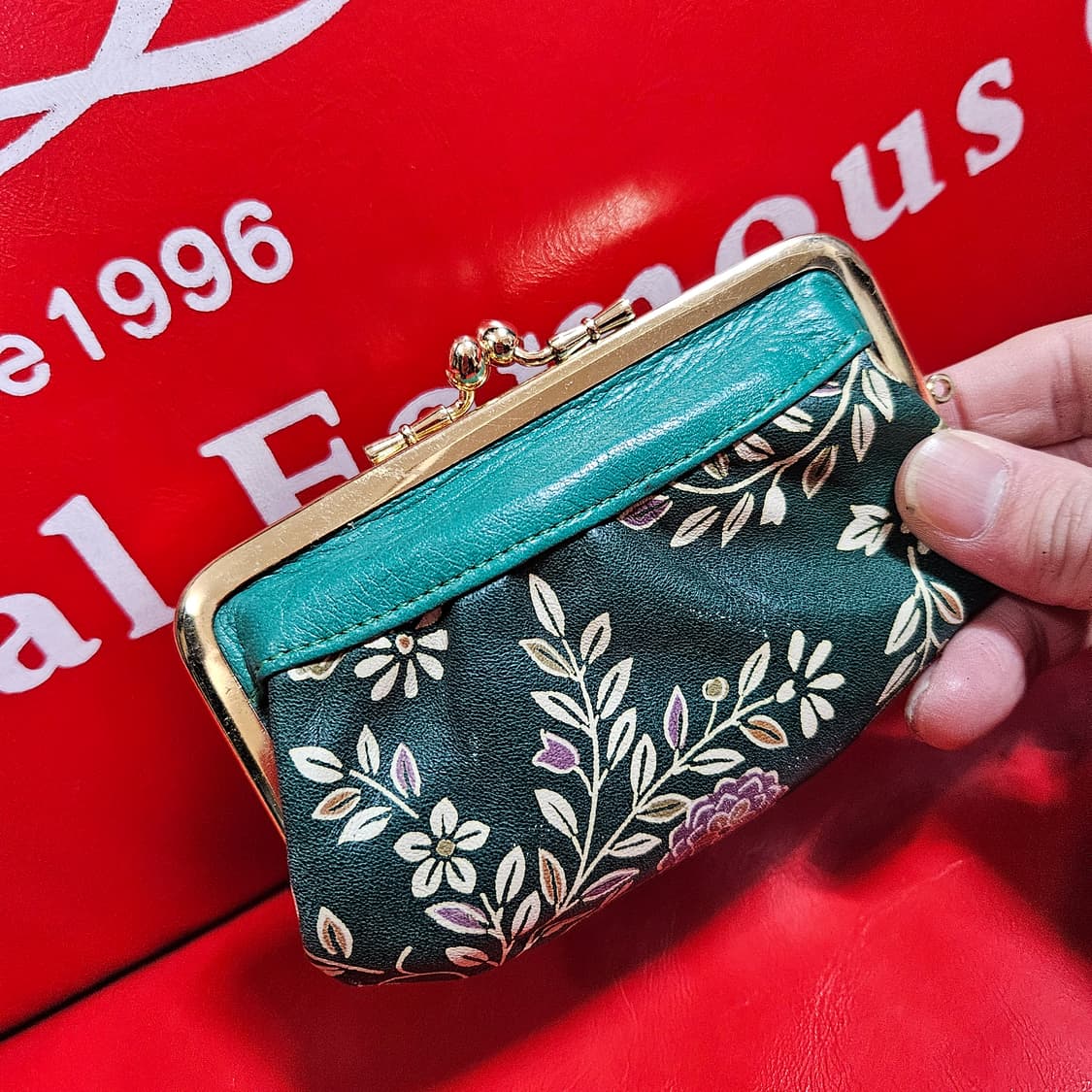 빈티지(Vintage) 그린 플라워 골든 가죽 미니 코인 지갑 상품이미지4