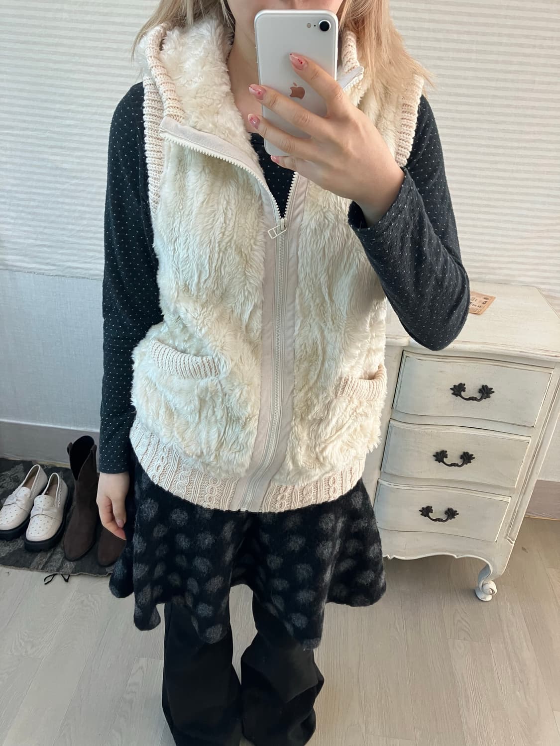 jpn vintage 아이보리 퍼 니트 후드 베스트  상품이미지4