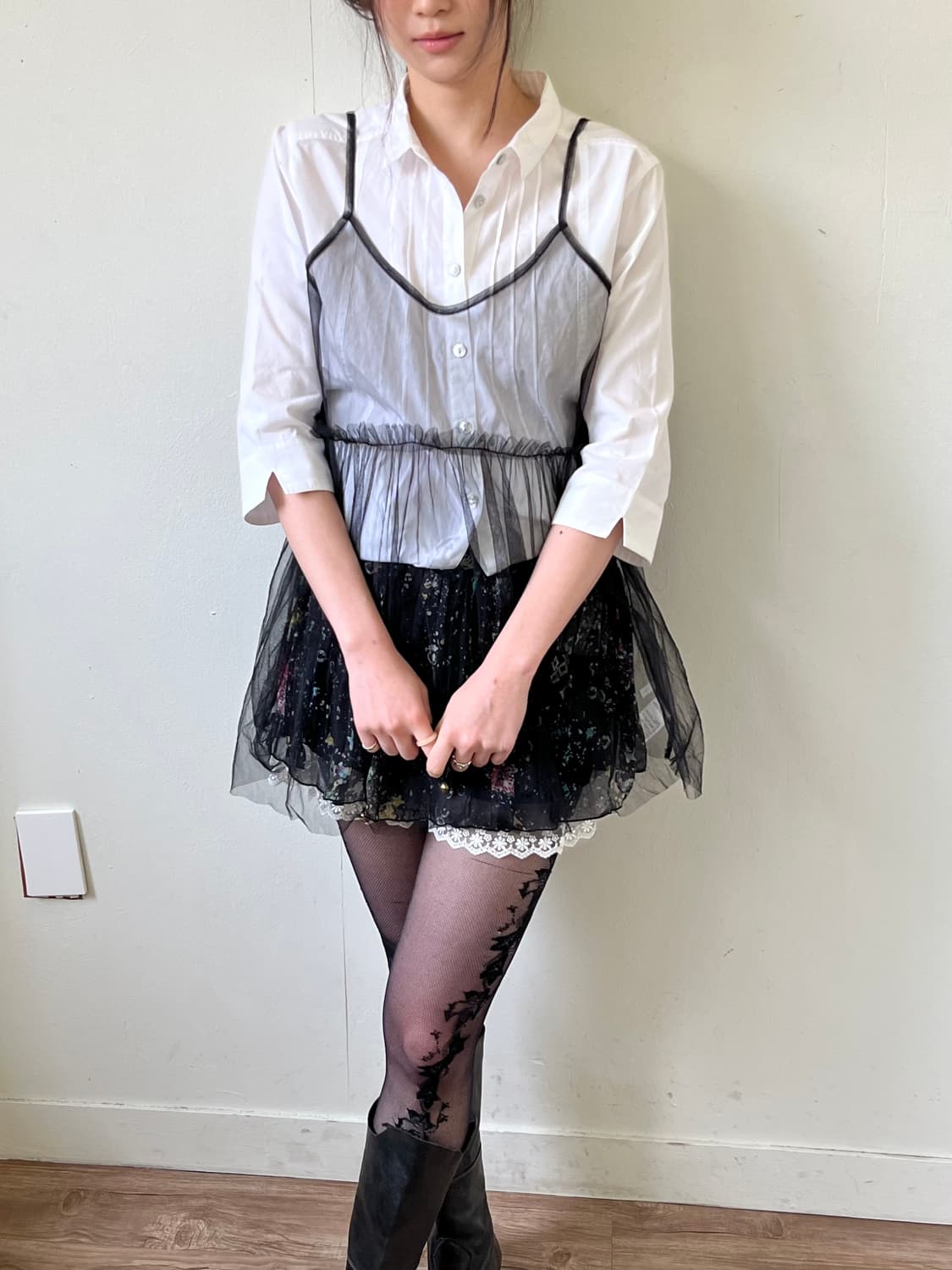 WHIRLWIND 블랙 시스루 레이어드 탑 상품이미지4