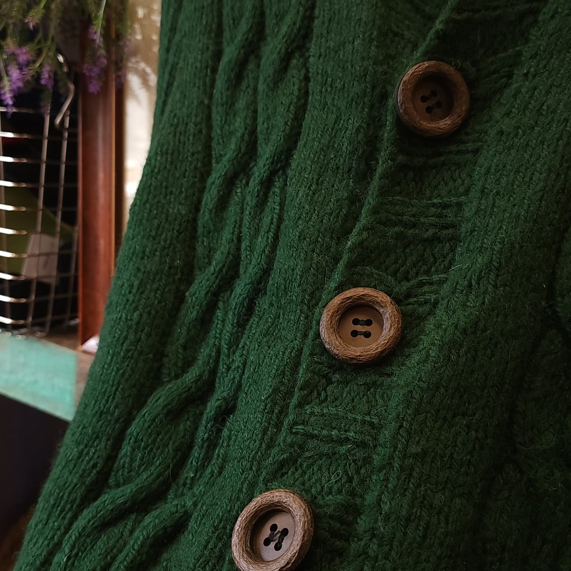 90s 프렌치 핸드메이드 울 가디건 스웨터 케이블 패턴 포레스트 그린 상품이미지7