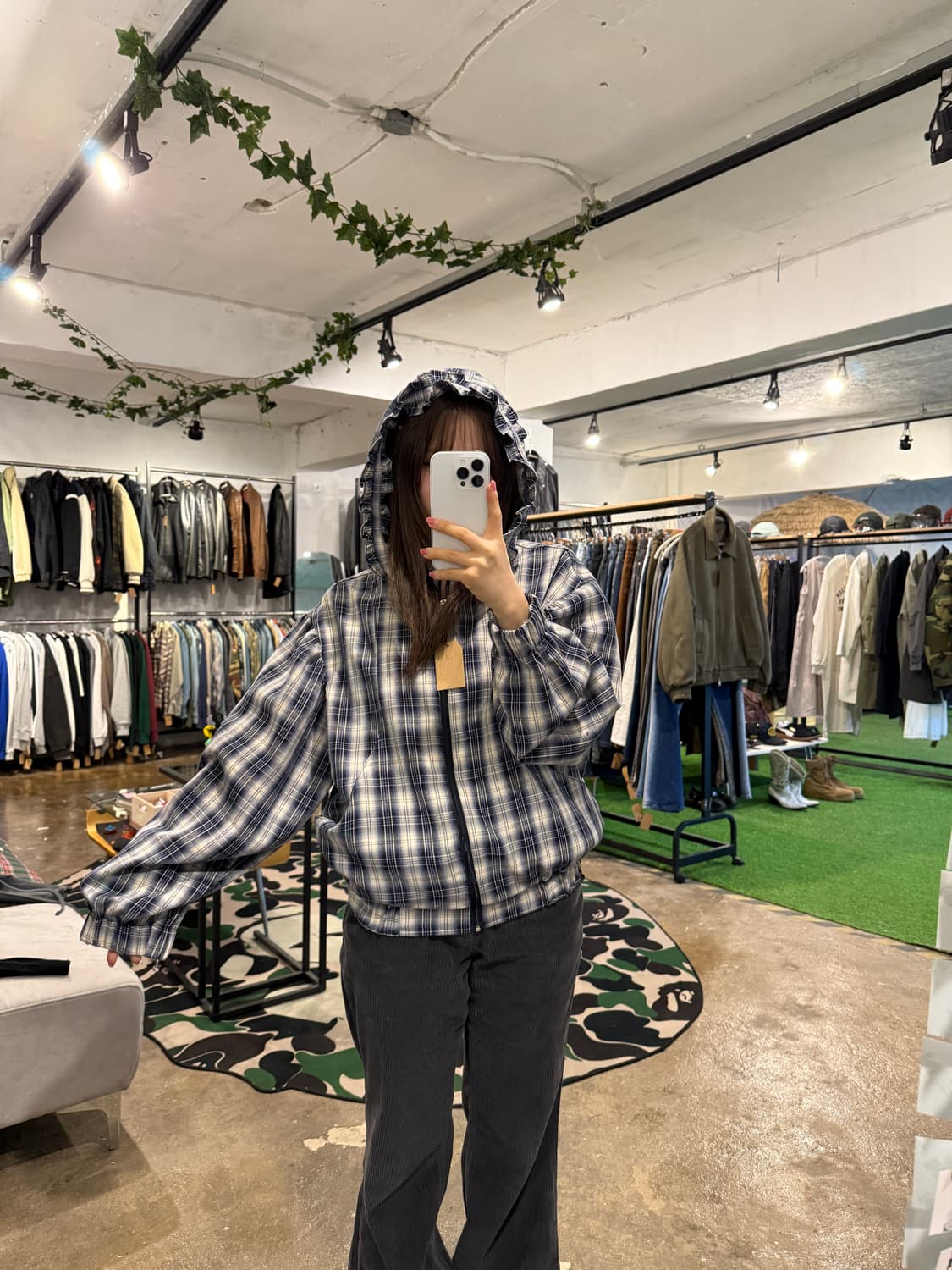 애즈카키(ASKHAKI) 셔링 후드 체크 자켓 상품이미지2