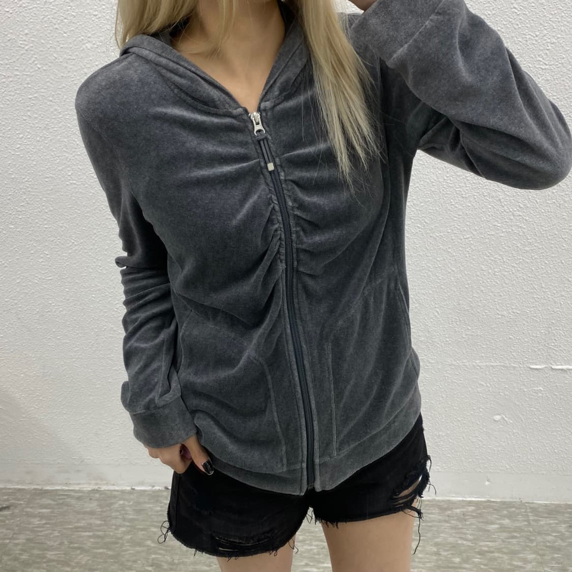 재팬 셔링 차콜 벨벳 후드집업 L 상품이미지1