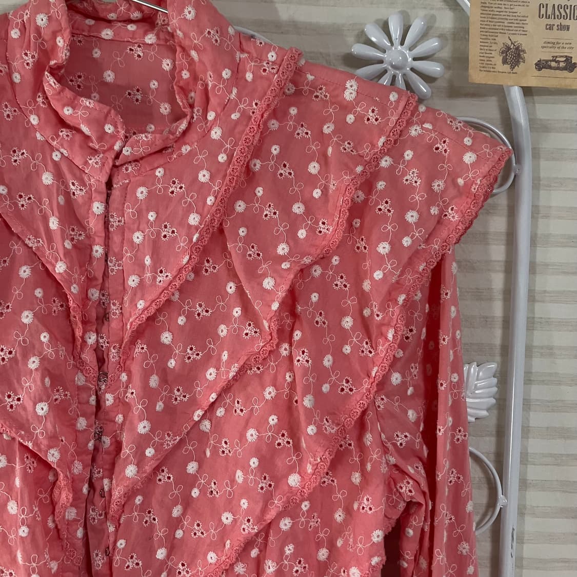 빈티지 핑크 플라워 패턴 레이스 블라우스 958 y2k 스트릿 갸루 펑키 상품이미지3