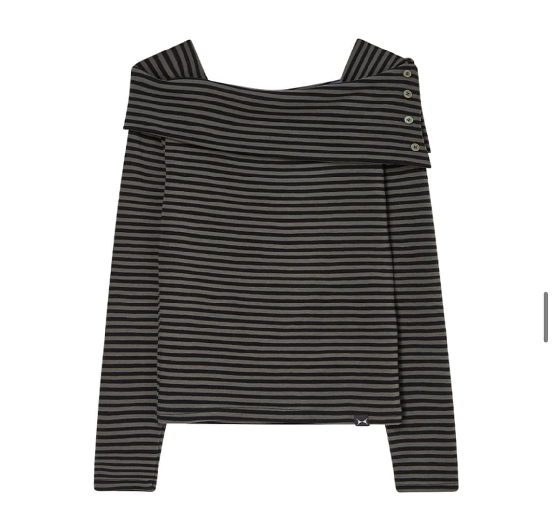 키티포터리 스트라이프 오프숄더 롱슬리브 티셔츠 카키 상품이미지1