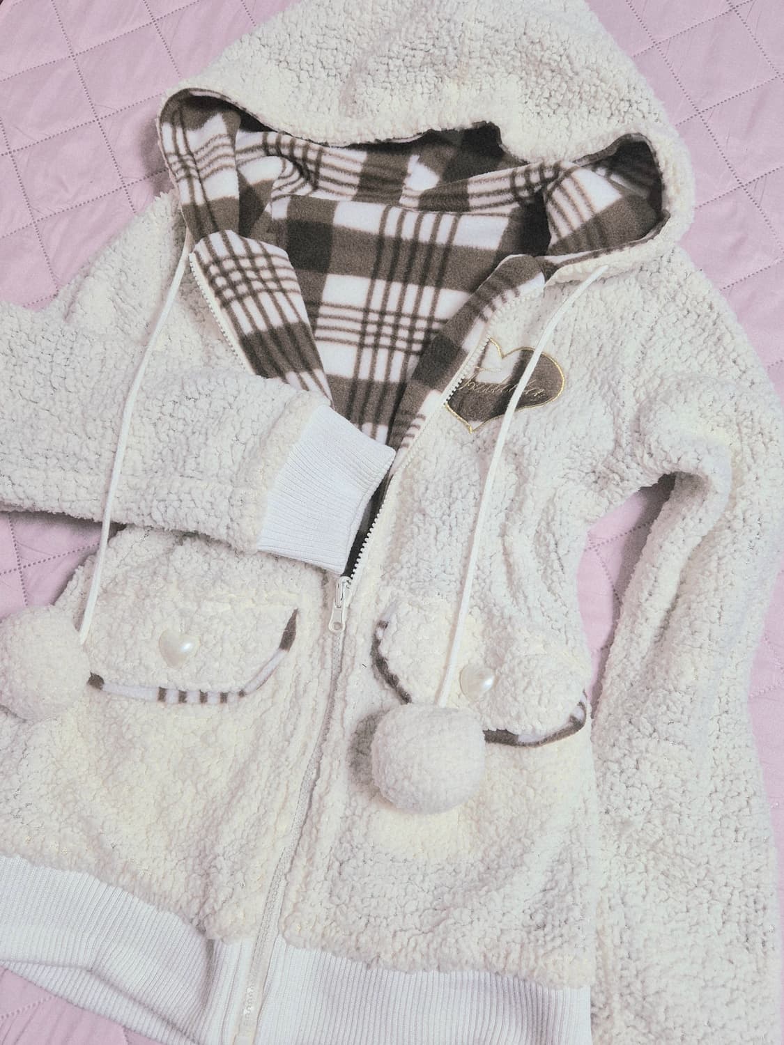 트랄라라 리즈리사 초코 아이보리 브라운 체크 라떼 모자 후드 폼폼이 갸루 상품이미지1