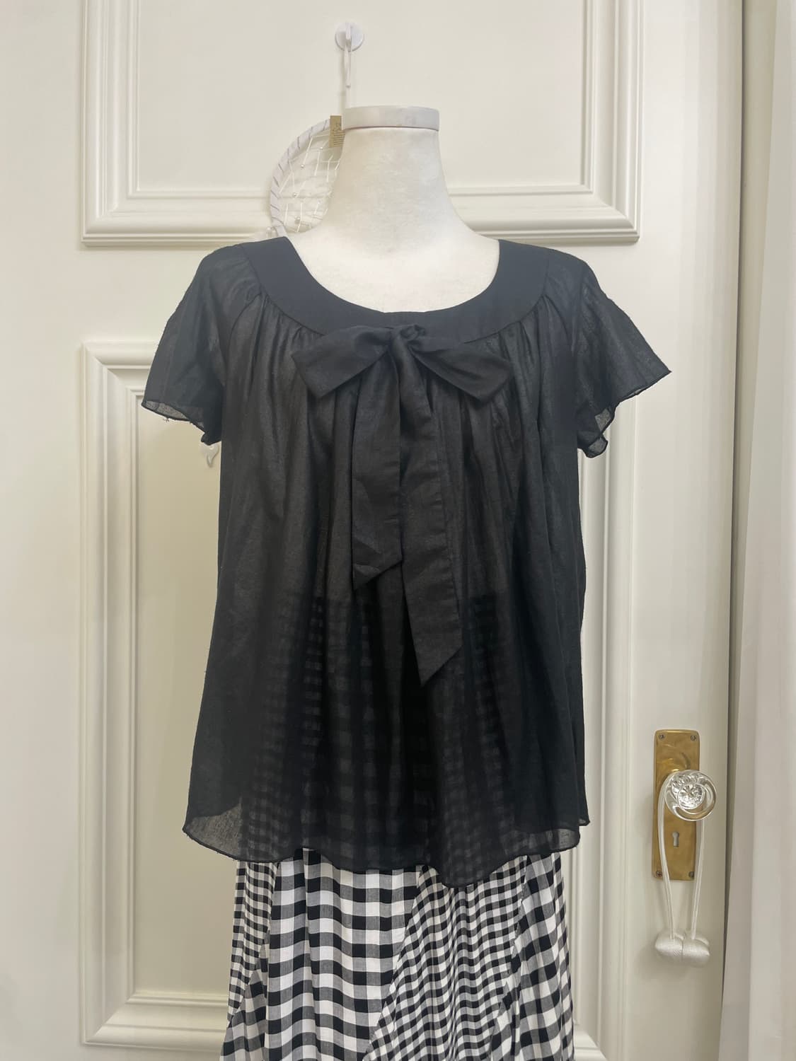 black bow point shirring summer blouse 상품이미지1