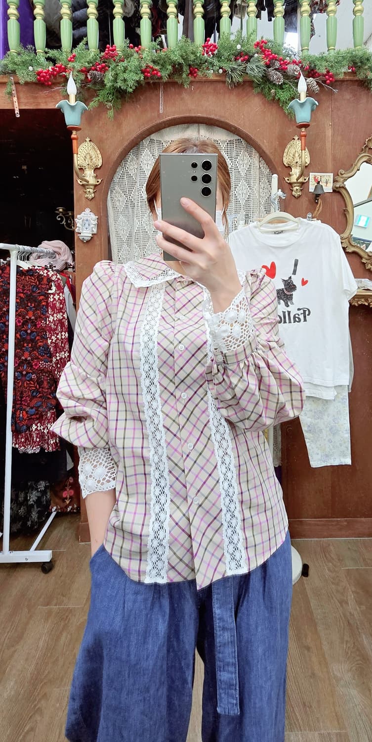 정품)막스마라 38사이즈(55~66) 막스마라 체크 레이스 블라우스 상품이미지1