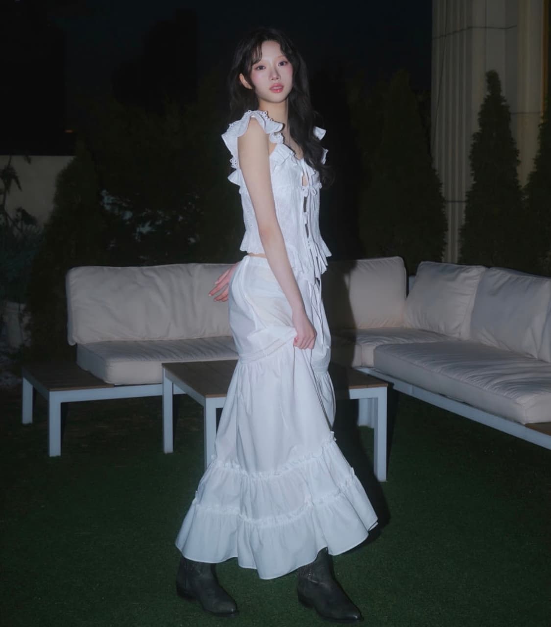 뉴얼린 퓨어 레이스 프릴 롱 스커트 화이트 상품이미지1