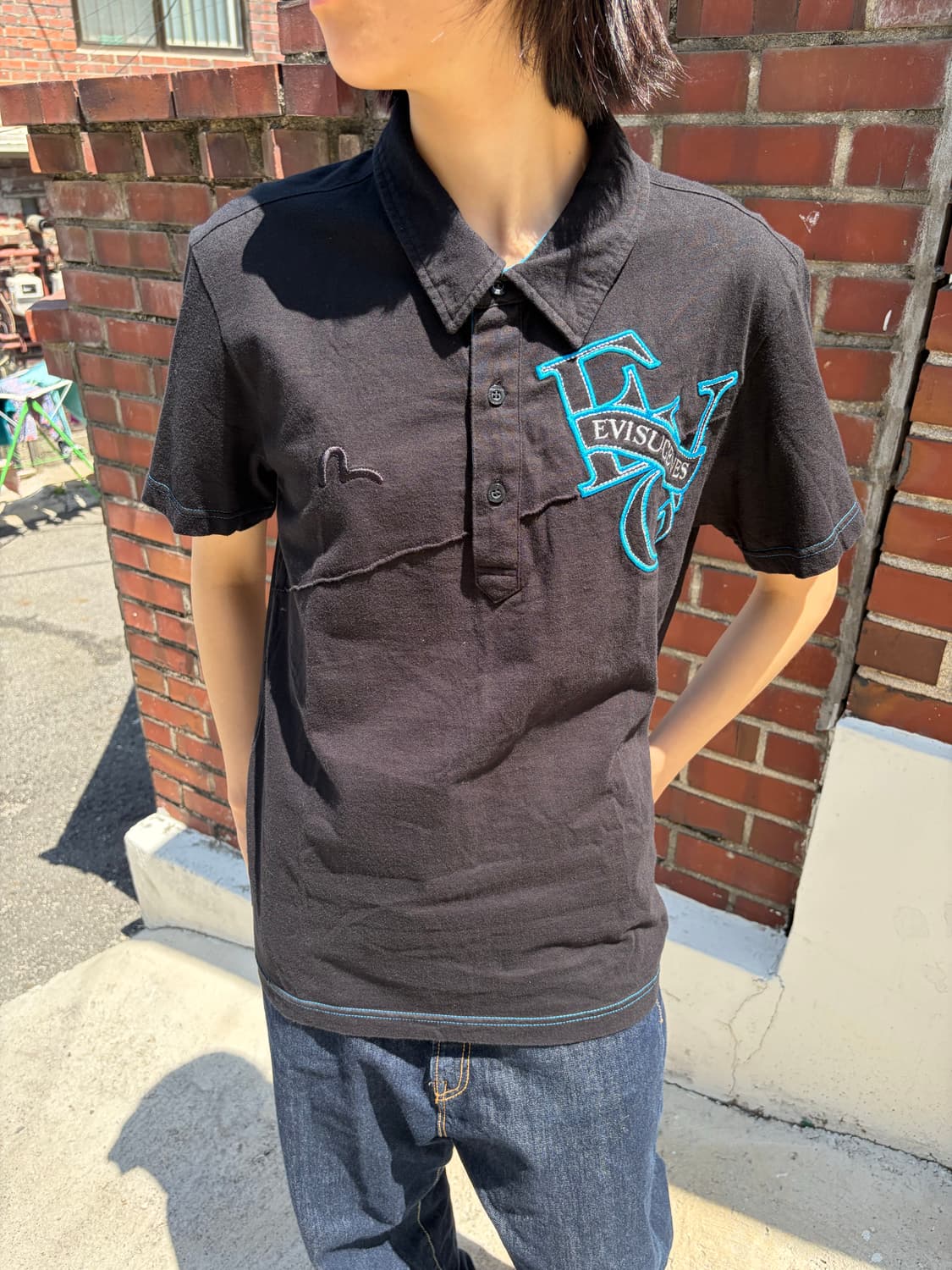 Evisu 블랙&블루 배색 반팔 카라 티셔츠 M 상품이미지1