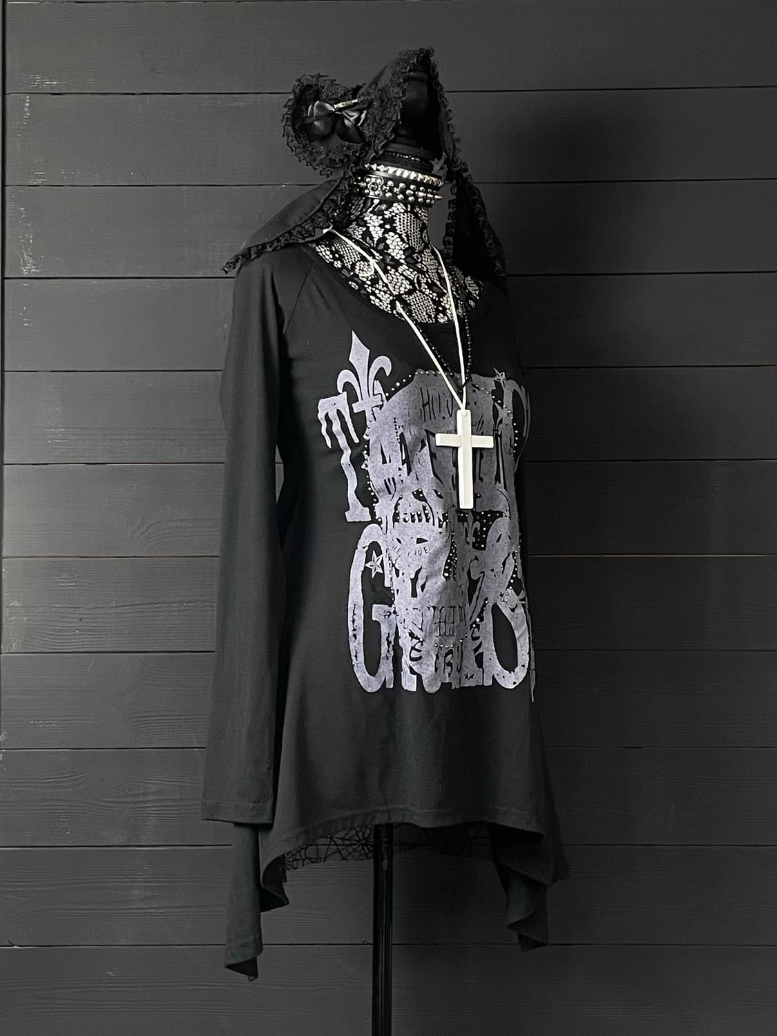 JPN 펑크 오픈 거미줄 레이스 퍼플 레터링 블랙 롱슬리브 상품이미지5