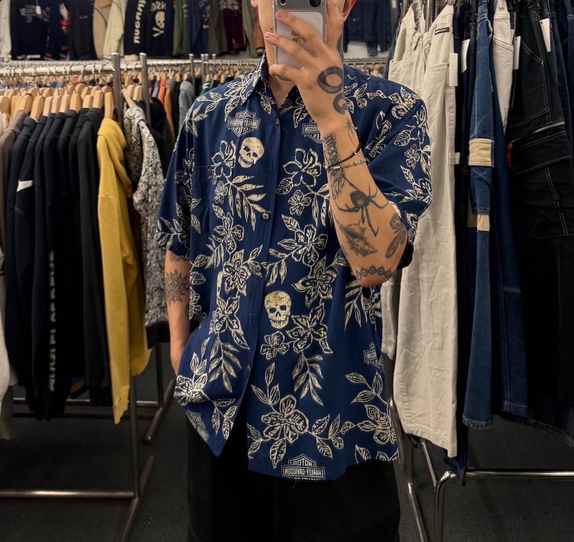 M)할리데이비슨 빈티지 스컬 프린팅 하와이안 반팔 셔츠 상품이미지1