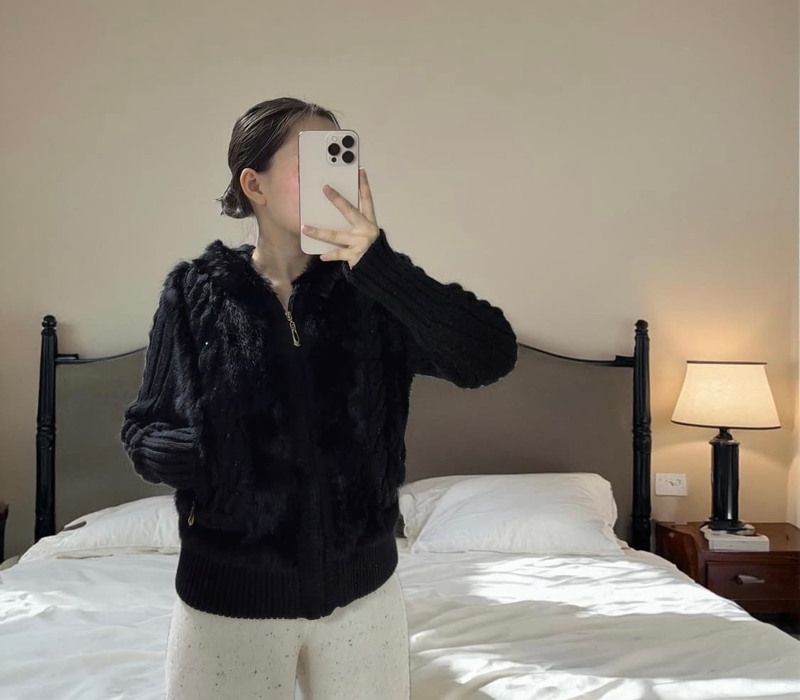 빈티지 블랙 큐빅 꽈배기 토끼털 니트자켓 후드집업 상품이미지5