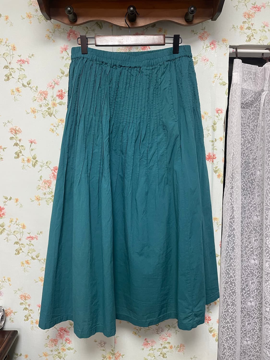 청록색 플리츠 롱스커트 상품이미지2