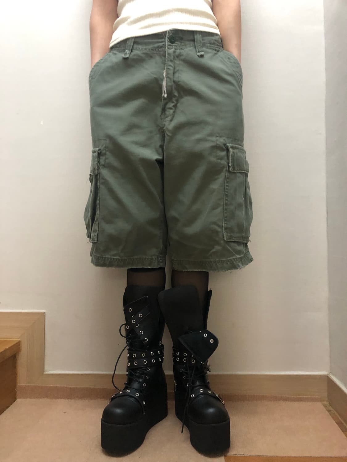 빈티지 카키 카고 버뮤다 팬츠 상품이미지2