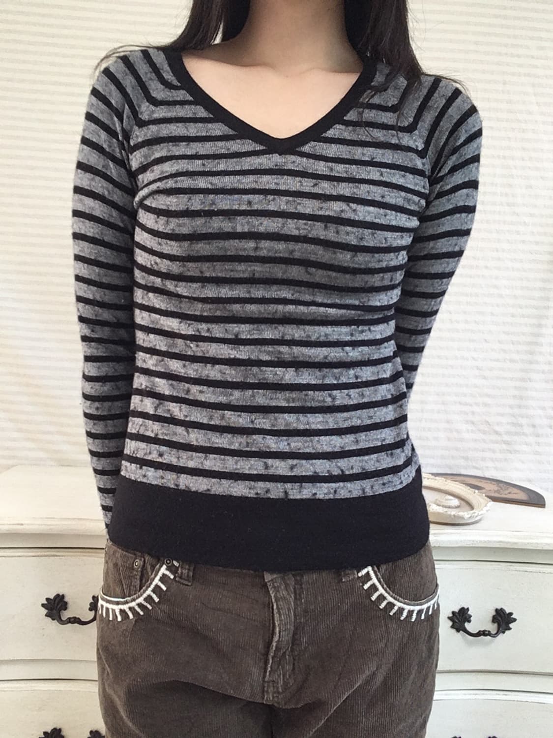 jpn vintage 블랙 차콜 스트라이프 브이넥 니트 y2k 스트릿 갸 상품이미지2
