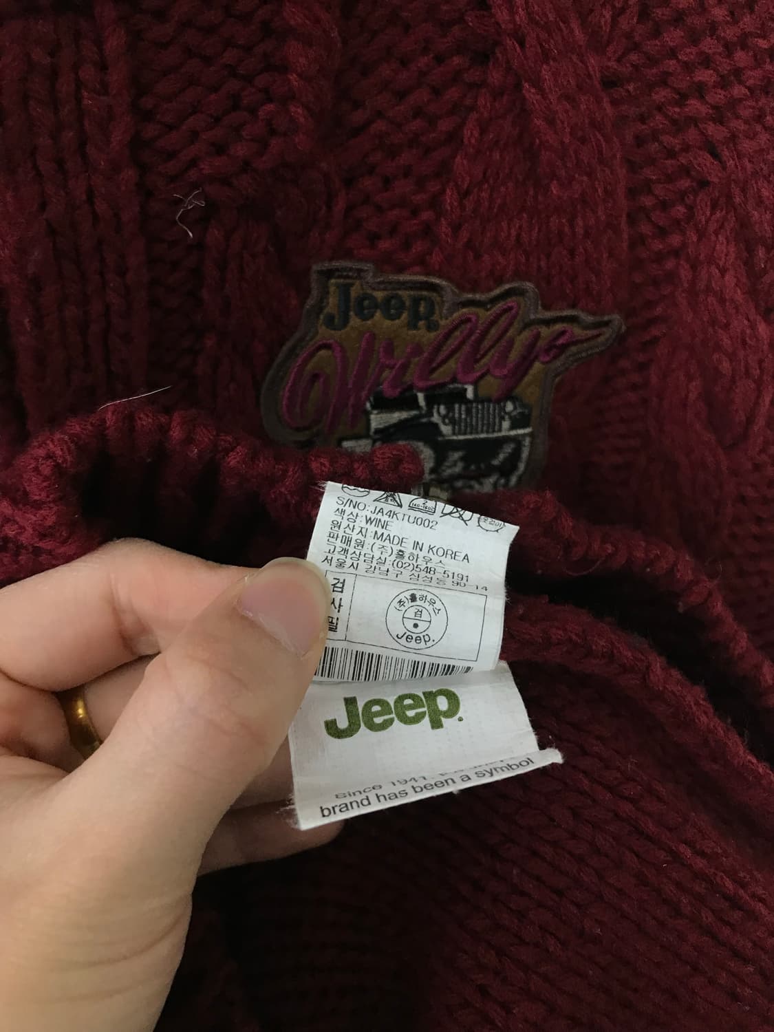 지프 자수로고 버건디 니트 후드집업 상품이미지7