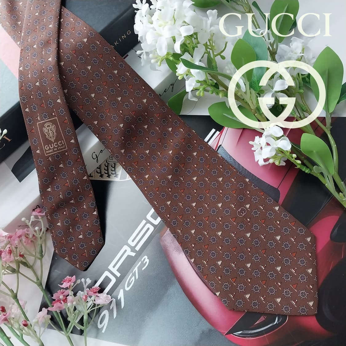 구찌 실크 브라운 마린 모티브 넥타이 8.9cm A+~A등급 K2088 상품이미지1