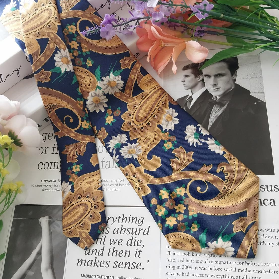 이브레스 실크 골드&네이비 플로럴 넥타이 9.9cm A+등급 K1281
 상품이미지2