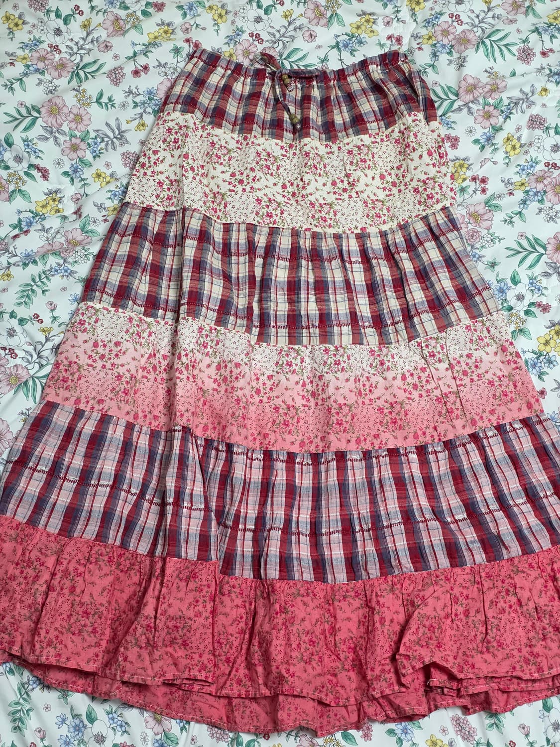 일본빈티지)플로럴 체크 패치워크 캉캉 스즈코모리걸 레드 로맨틱롱스커트 상품이미지1
