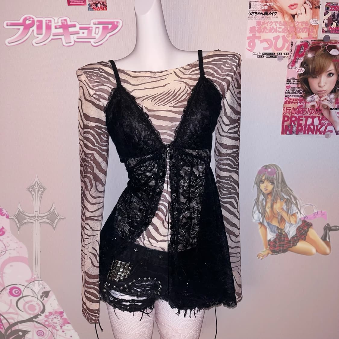 00‘s 갸루 와투케  지브라 레이스 레이어드 세트  상품이미지1