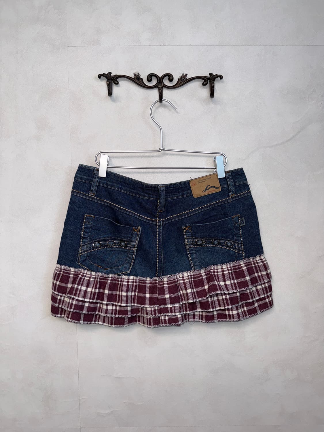 Denim red check cancan ribbon mini skirt 상품이미지3