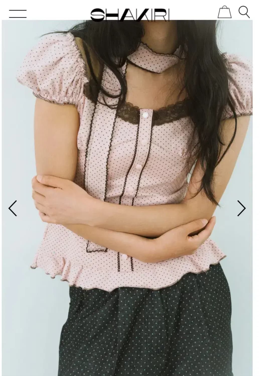 샤키리 체크 도트 퍼프 블라우스 스커트 세트 핑크 상품이미지1