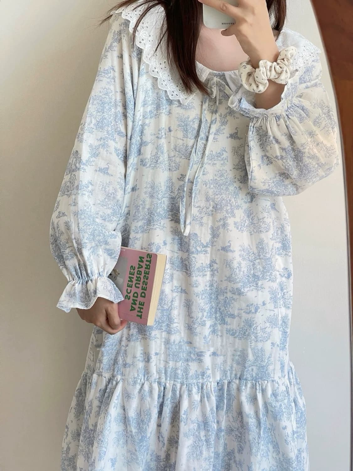 누아젤 프렌치 명화 패턴 파자마 원피스-블루 상품이미지2