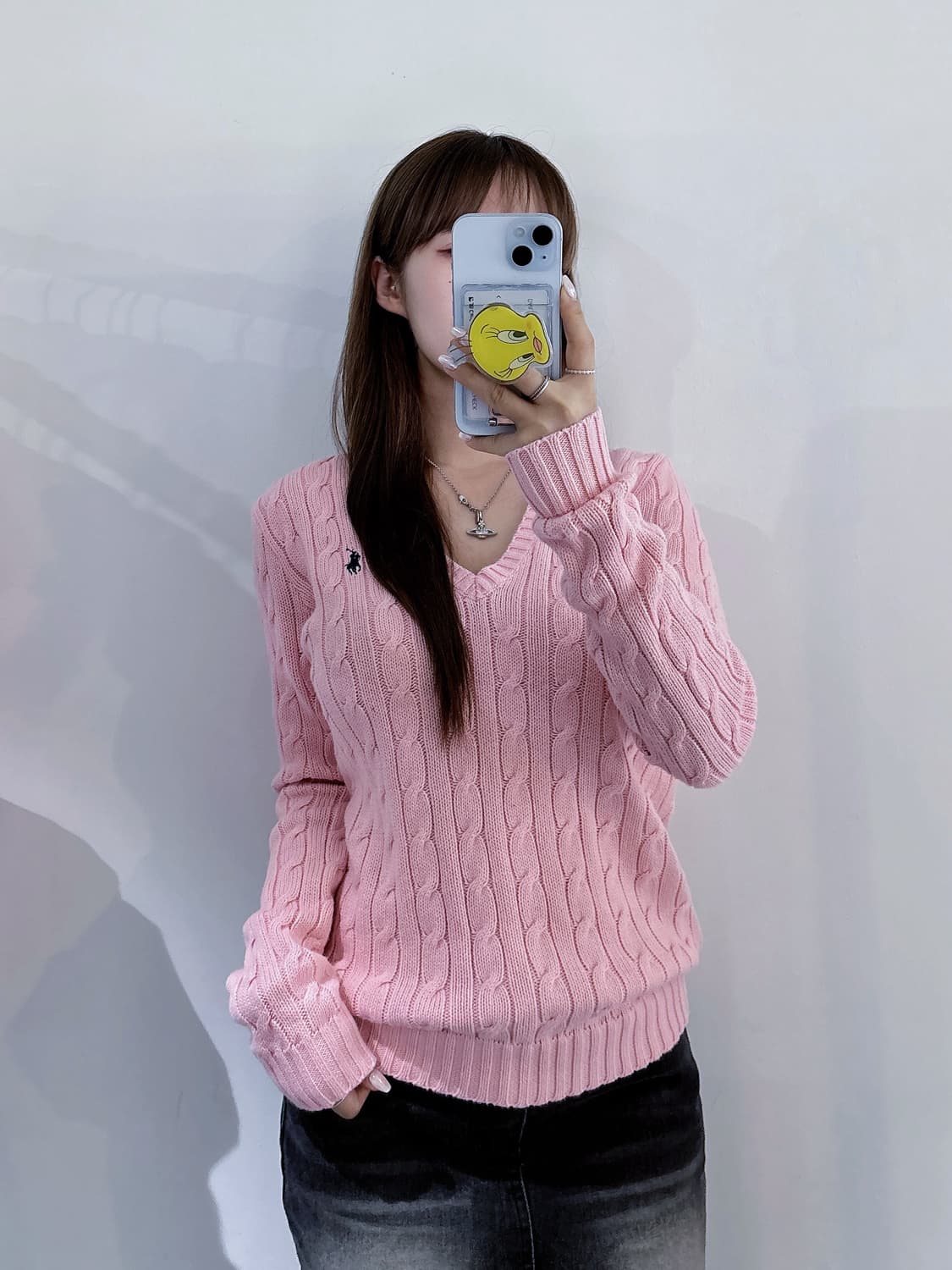 폴로랄프로렌 qr 베이비핑크 브이넥 케이블 니트 상품이미지1