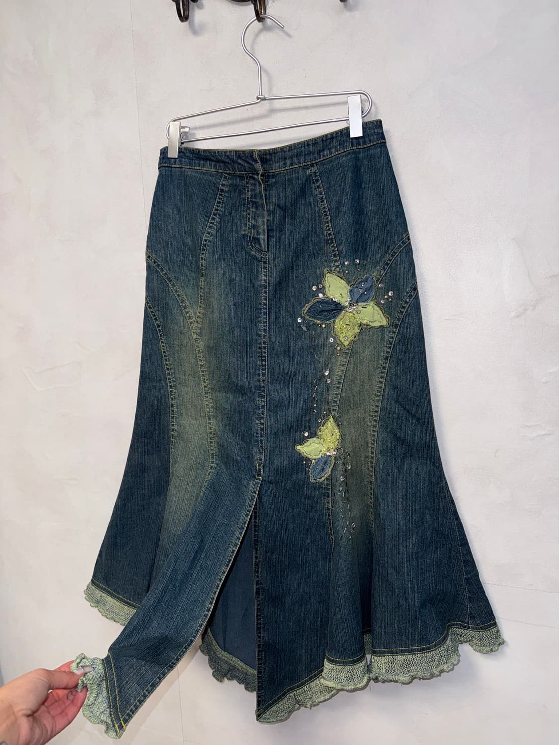 Washing denim oriental cubic floral sk 상품이미지2