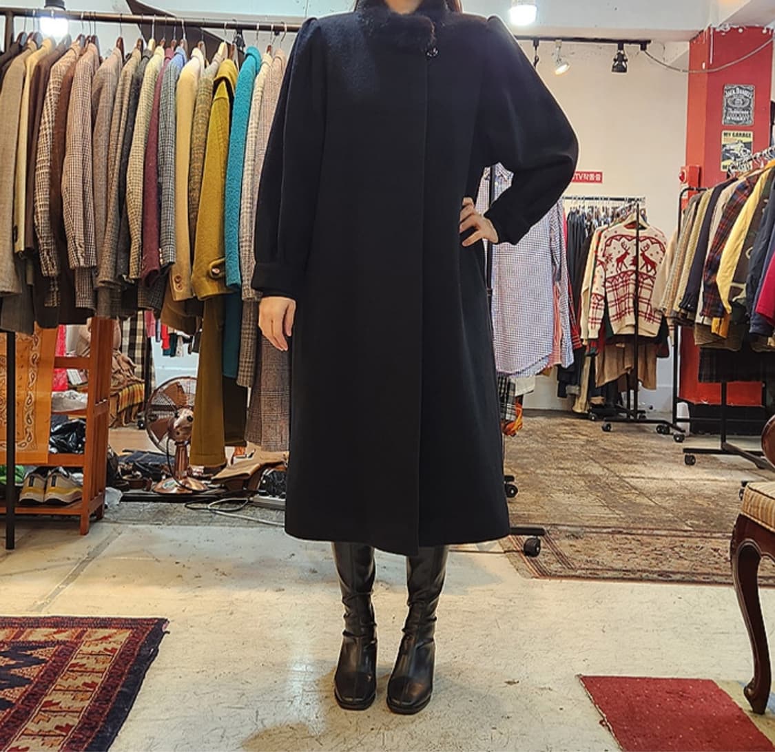 일본 도톰한 친칠라 울 블렌드 리얼 밍크 퍼 블랙 롱 빈티지 코트 상품이미지1