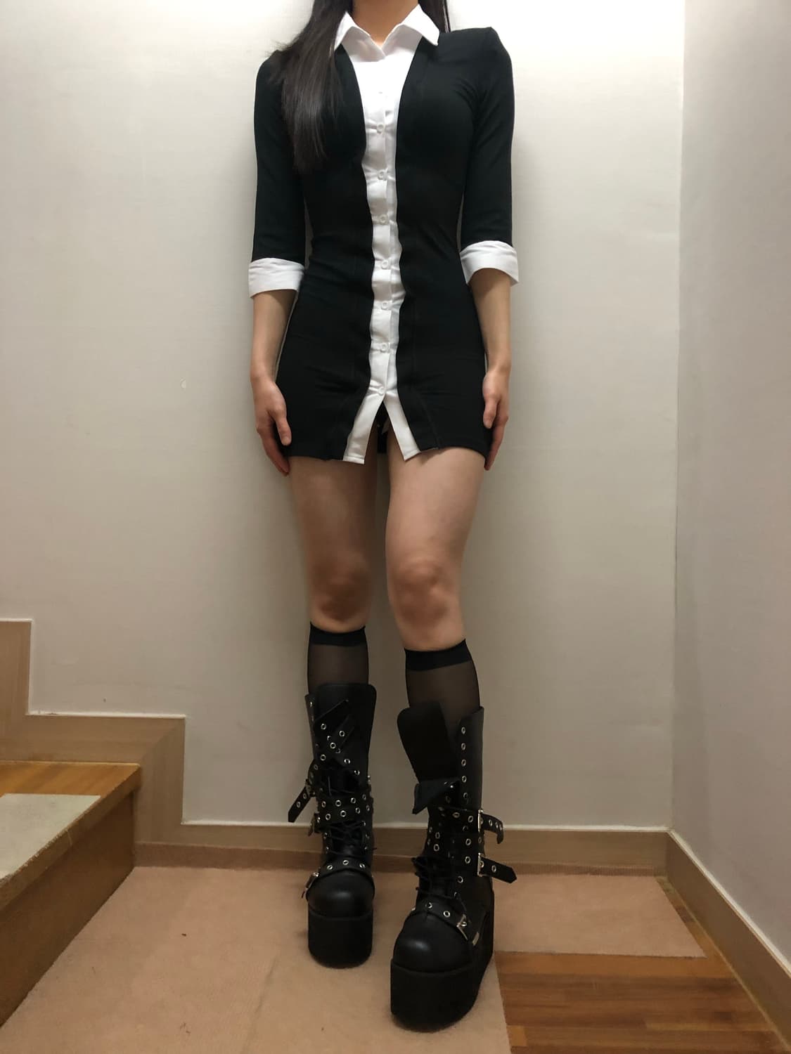빈티지 블랙 앤 화이트 셔츠 레이어드 원피스 상품이미지1