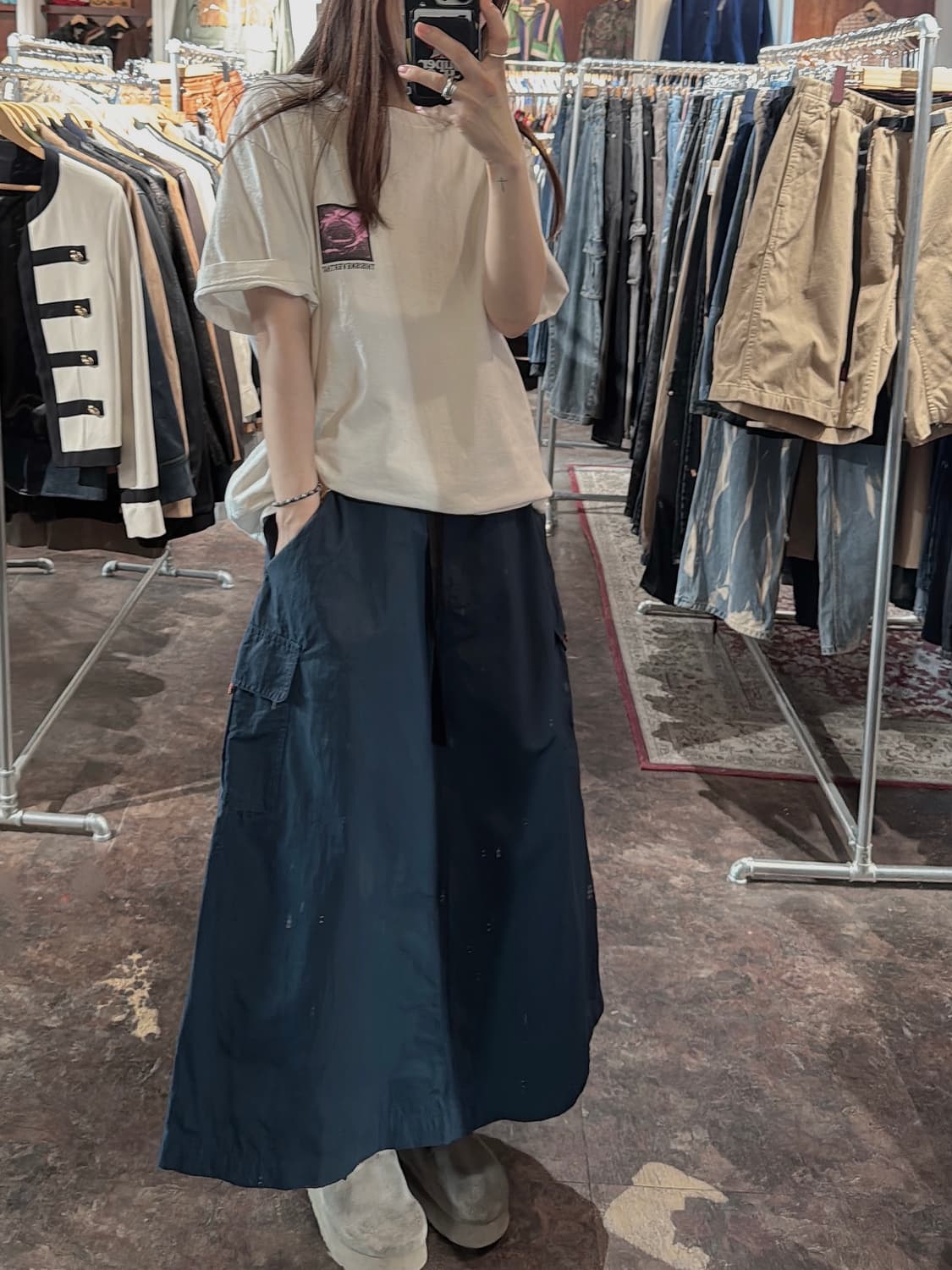 에디바우어 네이비 원드브레이커 나일론 밴딩 롱 스커트 L 상품이미지5