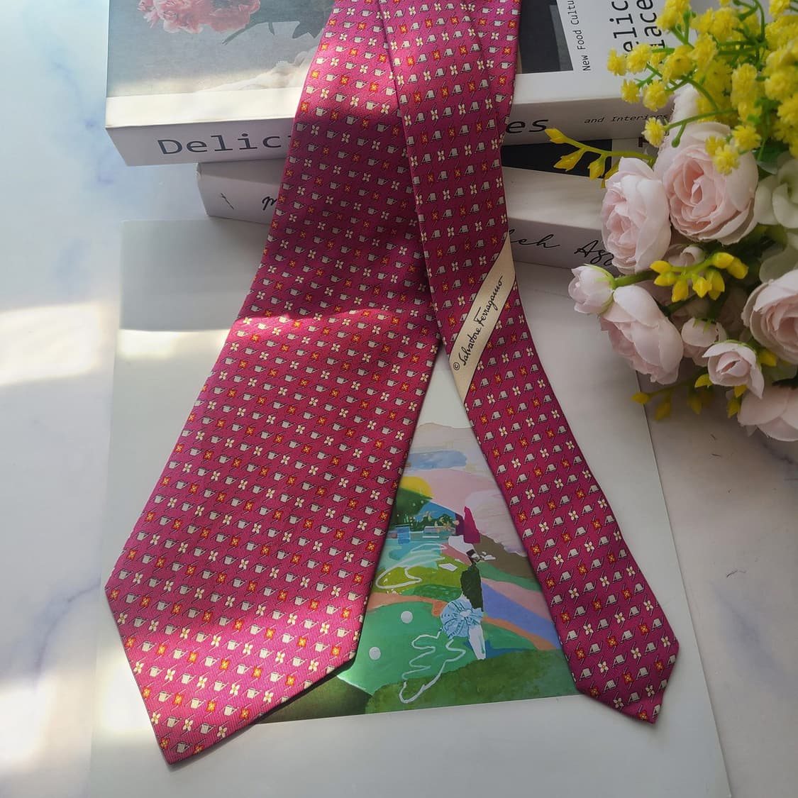 페라가모 실크 핑크 플라워 자카드 넥타이 9.6cm A등급 G1 상품이미지3
