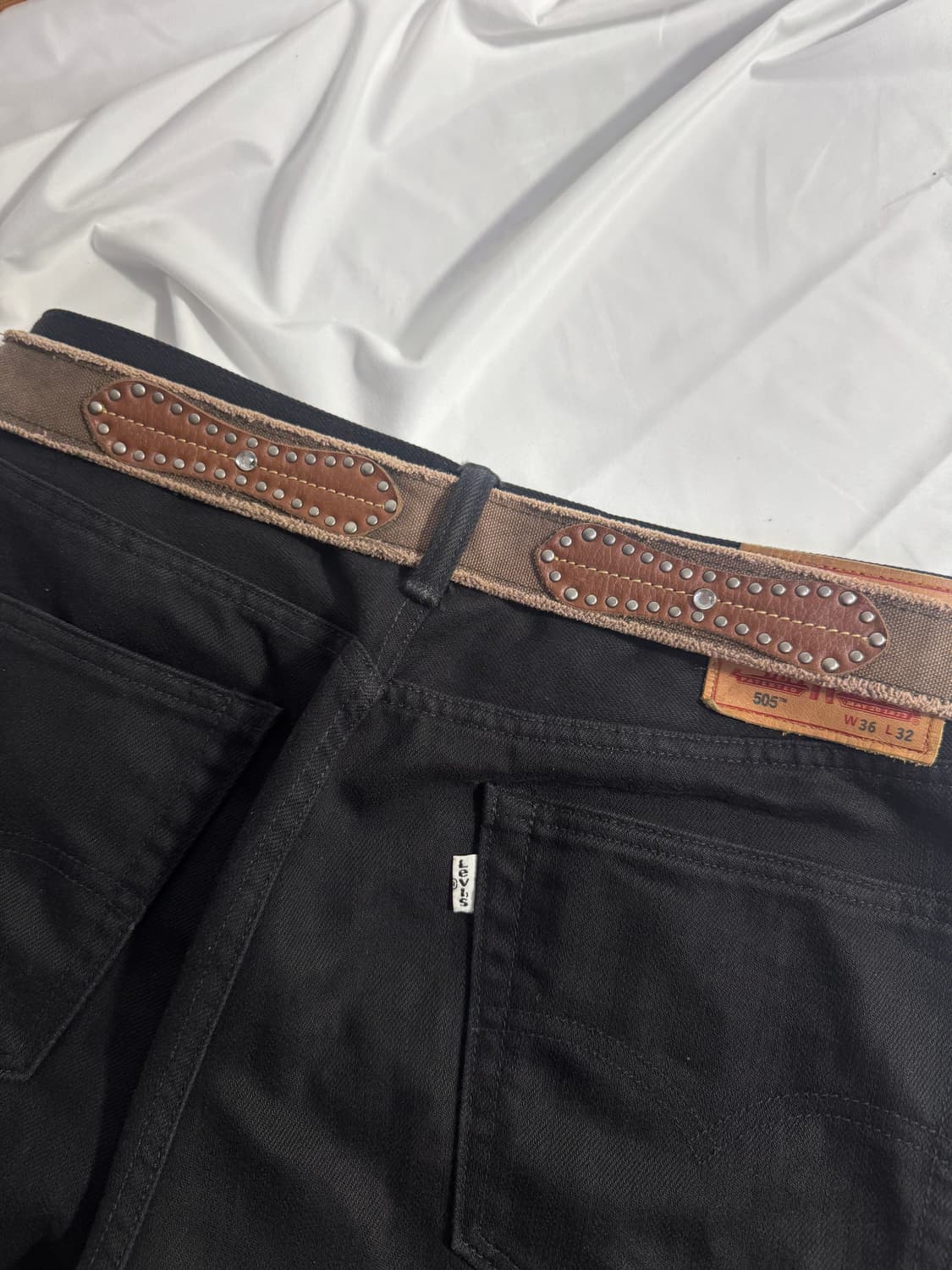 빈티지 스터드 레더 트리밍 캔버스 벨트 y2k 상품이미지3