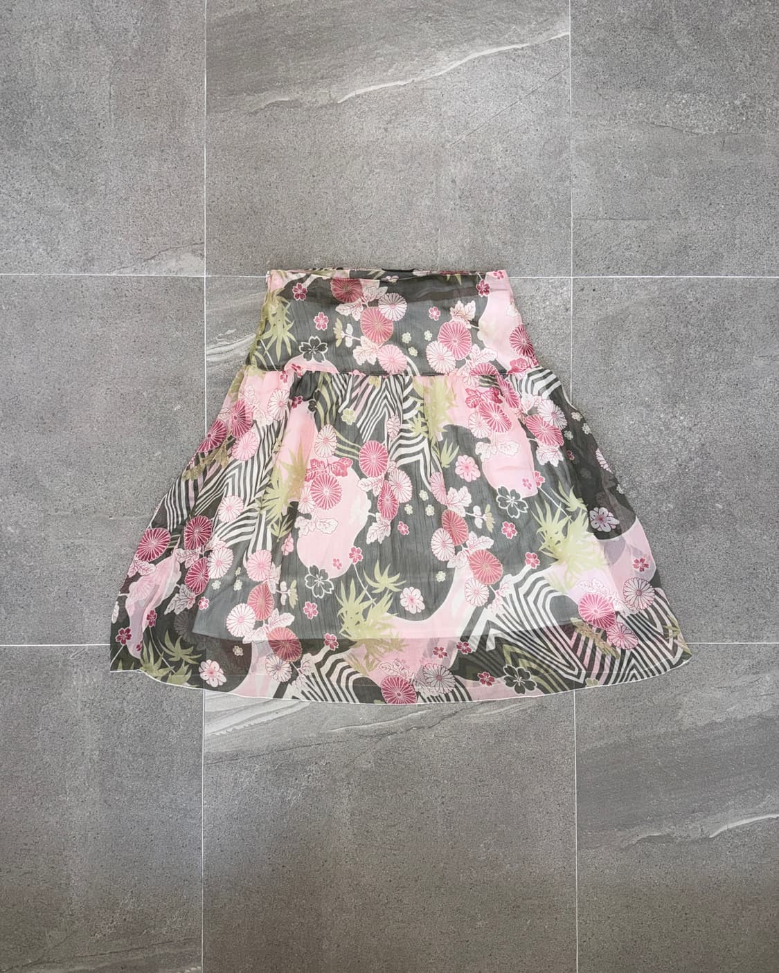 Pink khaki oriental floral flare skirt 상품이미지1