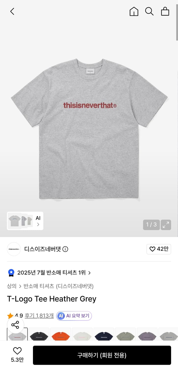 디스이즈네버댓 로고 반팔티 헤더그레이 m 상품이미지1