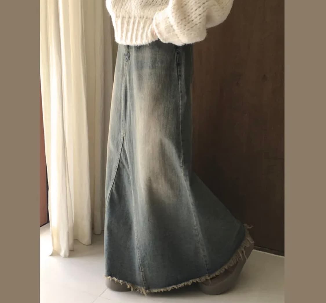 하이웨스트 빈티지 캣브러쉬 샌드 워싱 컷아웃 프린지 데님 롱 스커트  상품이미지2